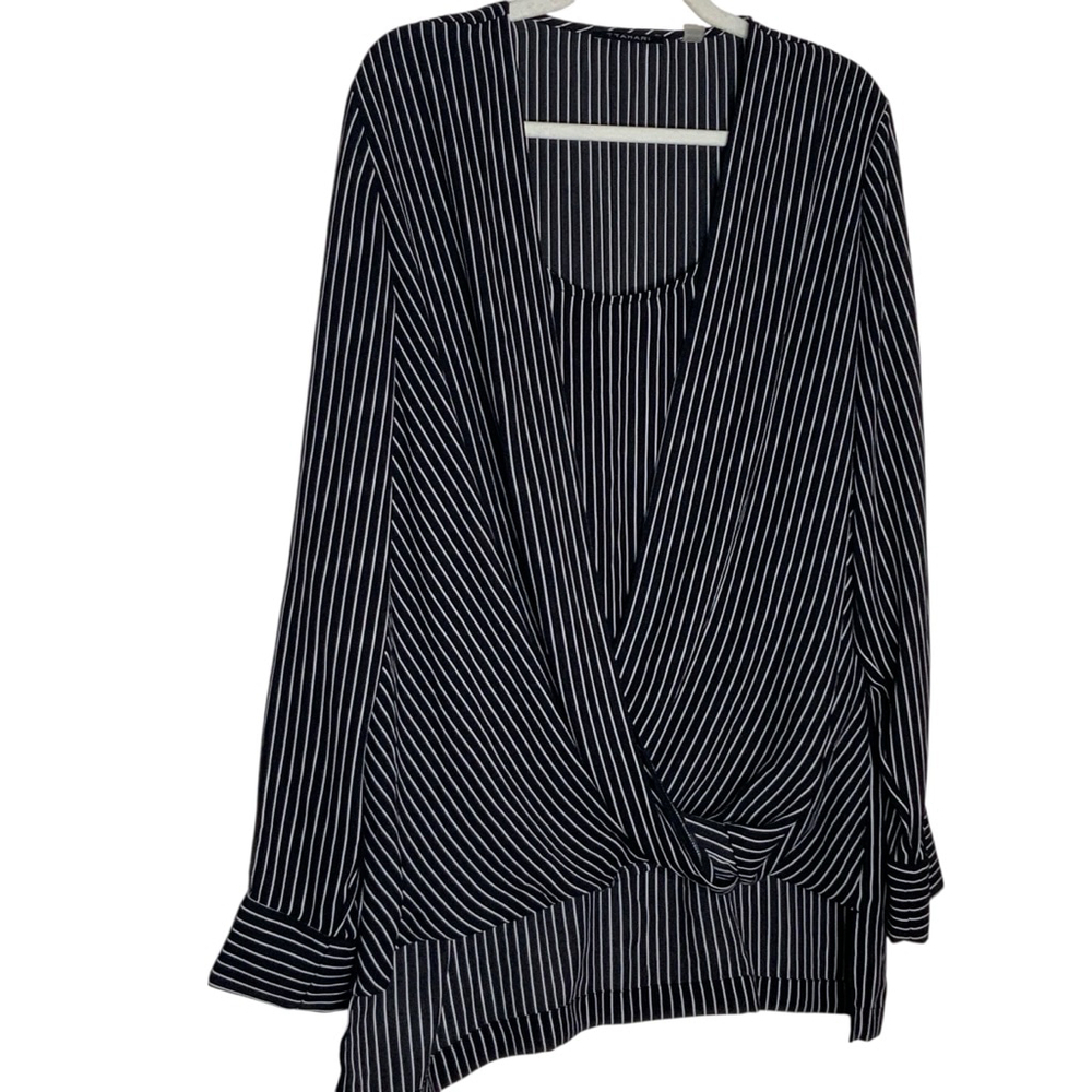 T. TAHARI black stripe faux wrap blouse with long sleeves. Front knot. Size XL